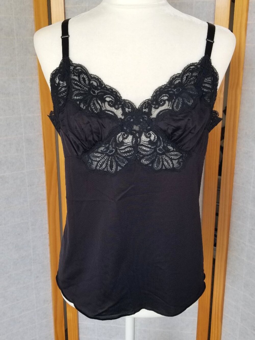 Vintage Black Lace Camisole Top Tank Shadowline Size 36 Bust Made in the USA